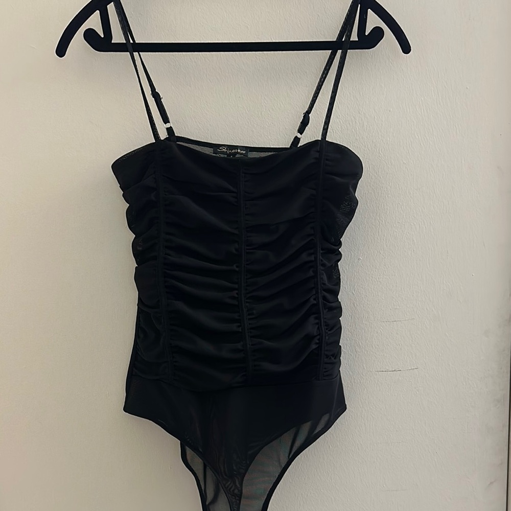 Shinestar Black Ruched Bodysuit